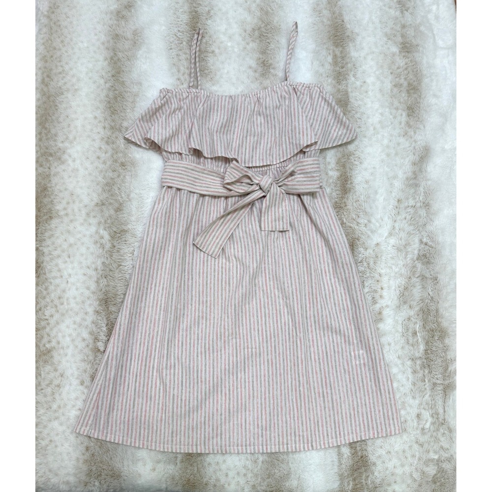 Pleione Striped Sundress Womens M Pink Tan Ruffle Tie‎ Waist Spring Summer Beach